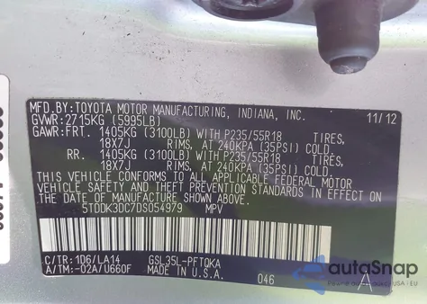 2013 Toyota Sienna Limited 7 Passenger from USA, damaged, VIN 5TDDK3DC7DS054979